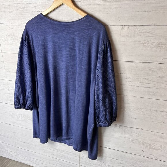 Catherines Top Womens Size 4XL Blue Eyelet Balloon Sleeve V Neck Blouse Peasant - Picture 11 of 13